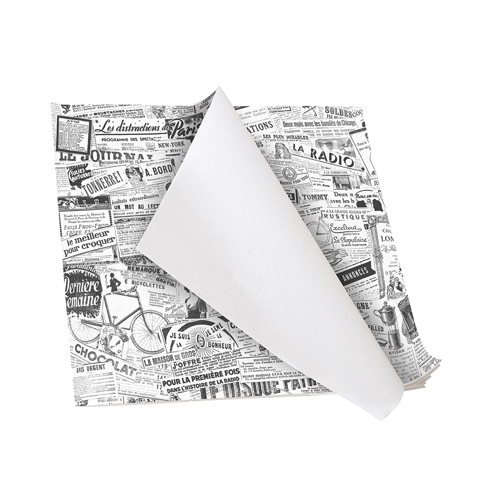 Feuille de papier alimentaire ingraissable 300x300 mm avec motif journal – emballage recyclable Ecopack Concept