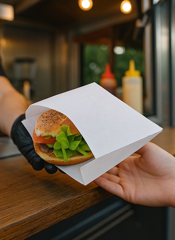 Sachet burger en papier ingraissable utilisé dans un food truck – solution écologique par Ecopack Concept