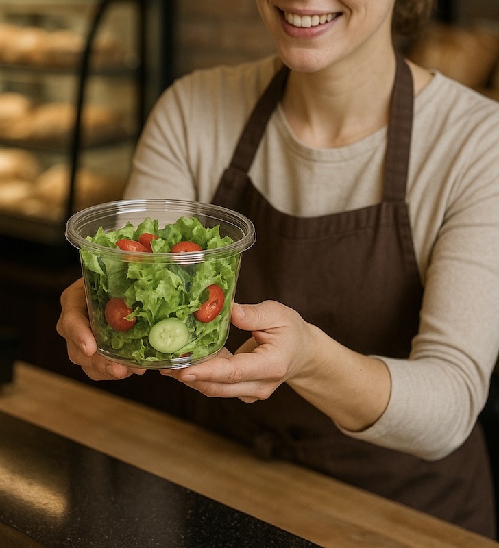 Pot TUSIPACK PET cristal 500 ml transparent présenté en boulangerie avec une salade fraîche, emballage pratique et élégant pour plats à emporter et restauration rapide