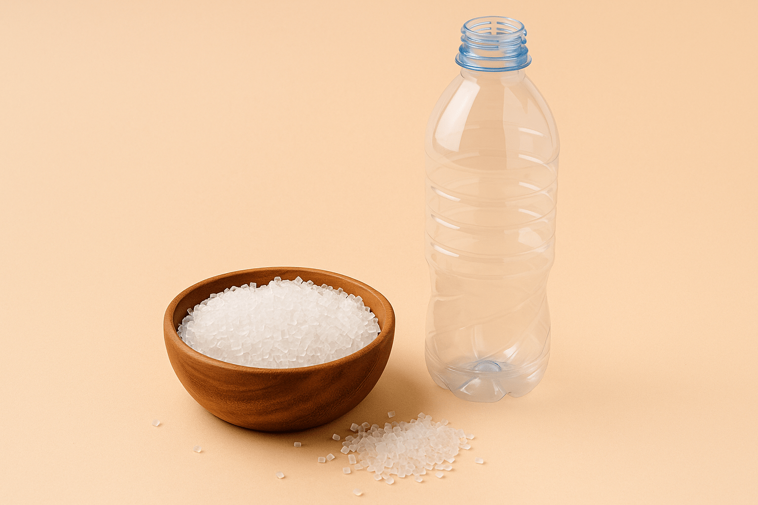 Bouteille vide en PET transparent posée à côté d’un bol en bois rempli de granules de plastique PET sur fond beige neutre.