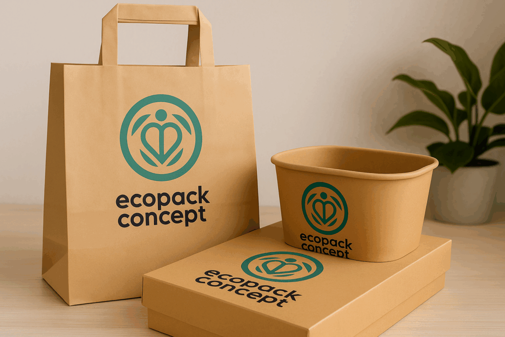 Sacs, boîtes et bols en kraft personnalisés avec le logo Ecopack Concept, illustrant des emballages alimentaires durables et esthétiques pour professionnels de la restauration.