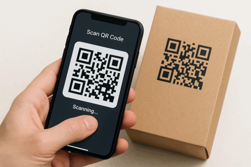 Smartphone scannant un QR Code imprimé sur une boîte en kraft, illustrant un packaging connecté et interactif pour professionnels, proposé par Ecopack Concept