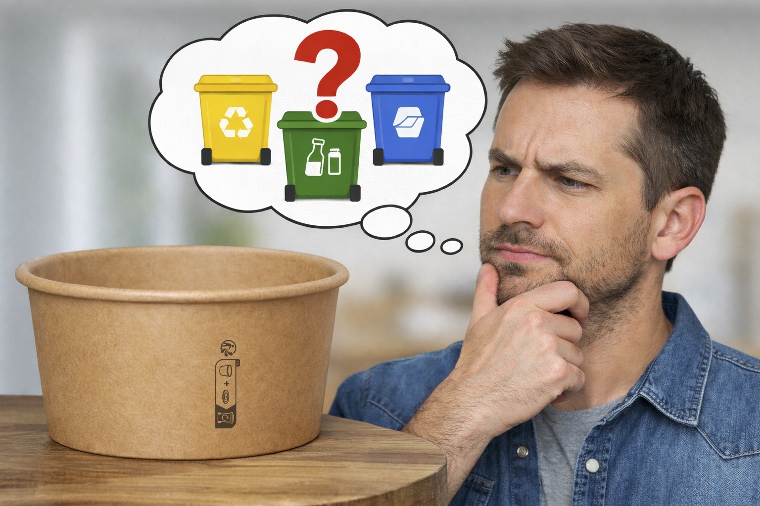 Homme réfléchissant au tri d’un bol alimentaire en kraft avec pictogrammes de poubelles de recyclage, illustration des consignes de tri des emballages Ecopack.
