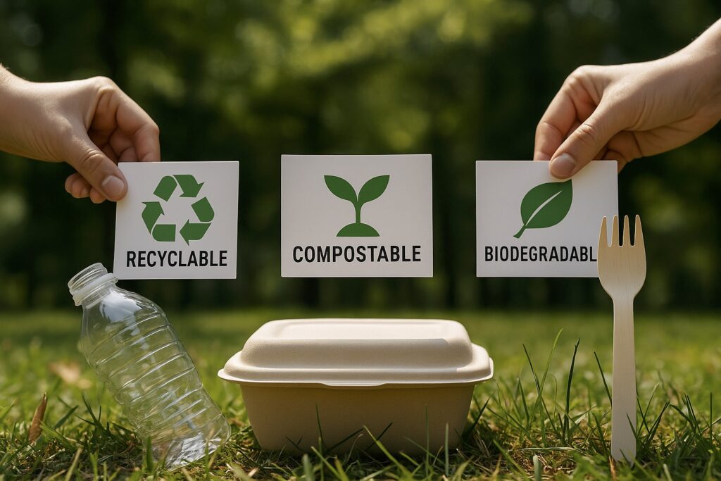 Emballage alimentaire écologique recyclable, compostable et biodégradable avec pictogrammes et contenants écoresponsables pour la vente à emporter