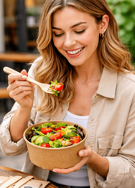 Salade dans un bol kraft avec couverts en bois pour la restauration à emporter