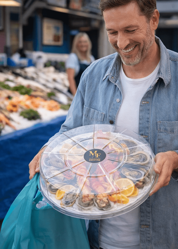 Client sortant d’une poissonnerie avec un plateau pour fruits de mer Ecopack Concept équipé d’un couvercle PET transparent.